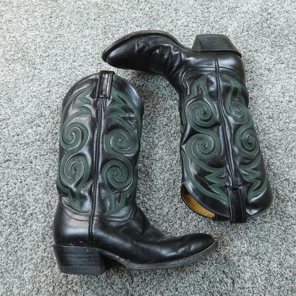 VTG Tony Lama Cowboy Boots Mens 8D Black Green Rodeo Exotic Western 70s 80s USA